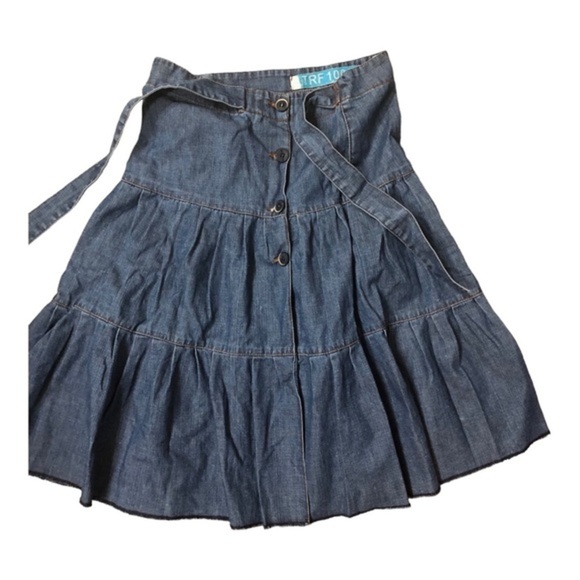 Zara denim tiered flare buttoned down belted western prairie style skirt size 2 - Picture 11 of 16